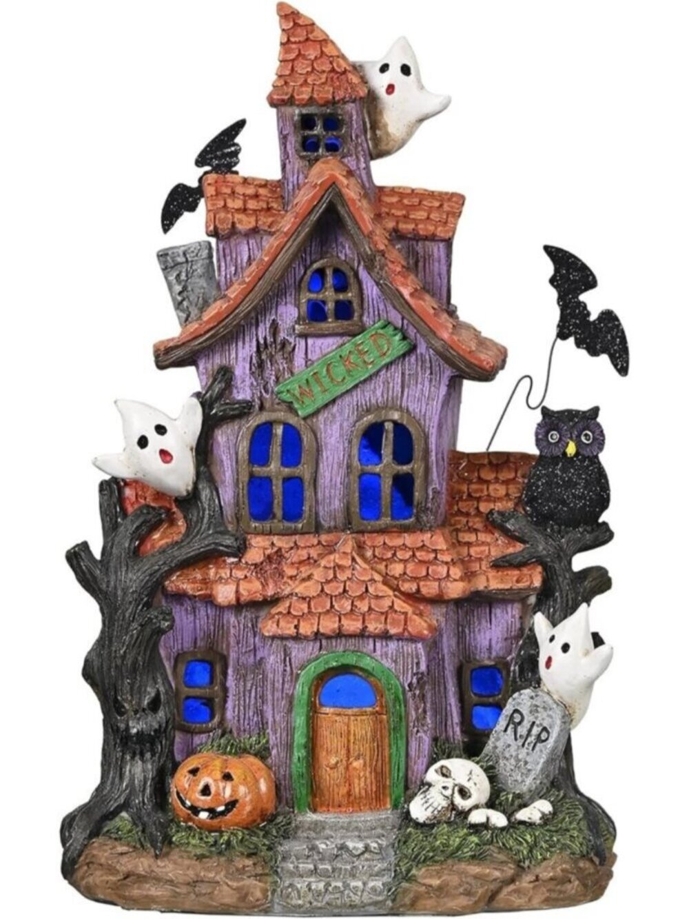 Haunted House Figurine with Bat Ghost Pumpkin Medium Pre-Lit Lighted Village